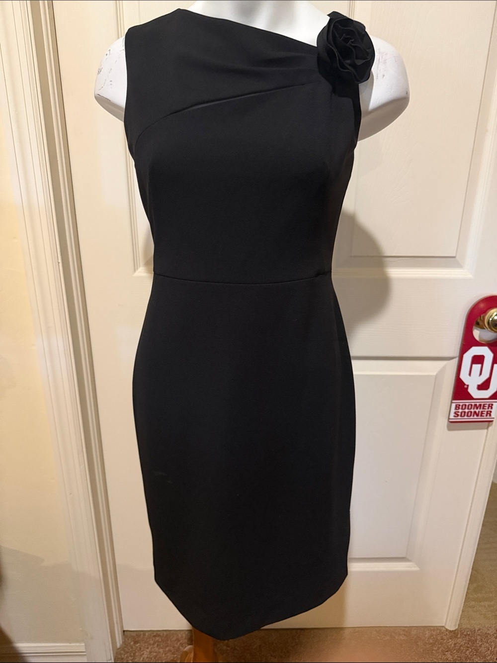 Calvin Klein Black Sheath Dress with Rosette. Size 4.